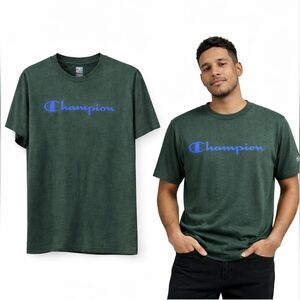 Champion Men's Dark Green Tee with Blue Logo